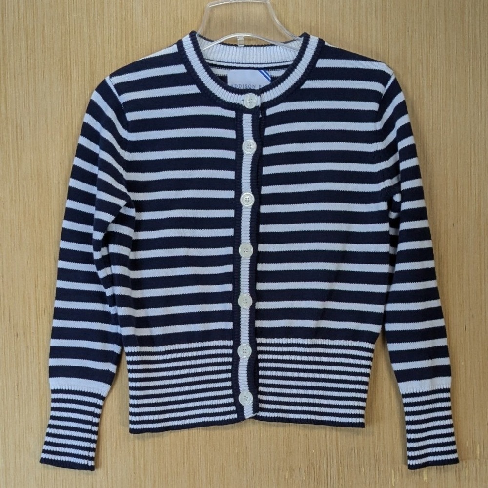 Addison Bay Preppy Old Money Striped Cotton Cardigan Sweater Size XS Blue White